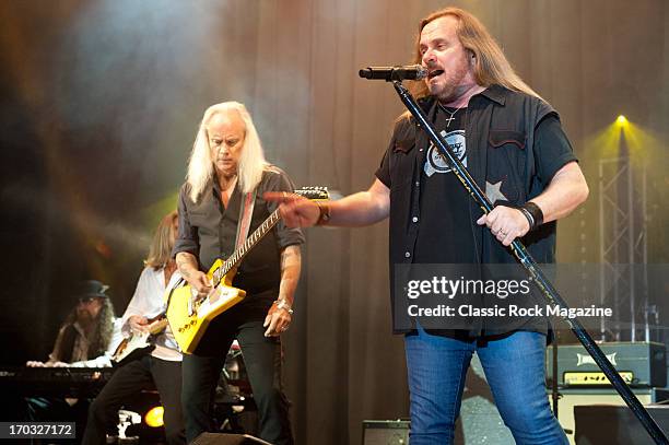 Johnny Van Zant and Rickey Medlocke of American hard rock band Lynyrd Skynyrd performing live onstage during the Classic Rock Roll of Honour at the...