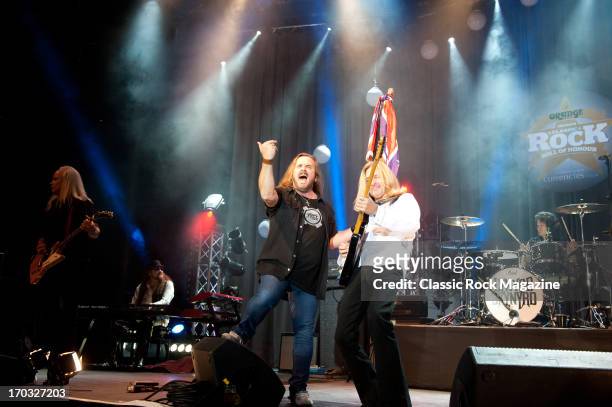 Rickey Medlocke, Peter Keys, Johnny Van Zant, Mark Matejka and Michael Cartellone of American hard rock band Lynyrd Skynyrd performing live onstage...