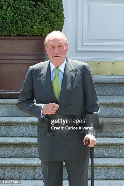 King Juan Carlos of Spain receives Crown Prince Naruhito of Japan at Zarzuela Palace on day two of a six day visit to Spain on June 11, 2013 in...