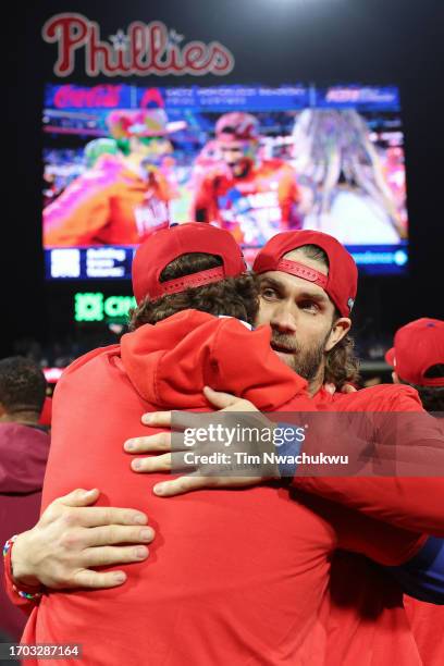 Bryce Harper of the Philadelphia Phillies reacts after defeating the Pittsburgh Pirates at Citizens Bank Park on September 26, 2023 in Philadelphia,...