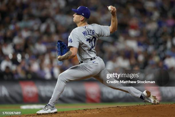 Starting pitcher Bobby Miller of the Los Angeles Dodgers throws against the Colorado Rockies in the third inning during Game Two of a Doubleheader at...