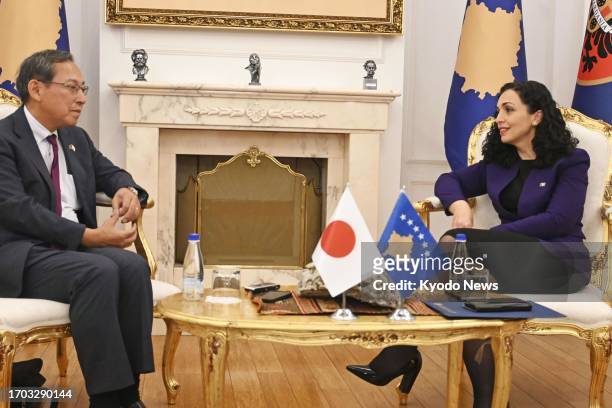 Kosovo President Vjosa Osmani-Sadriu and Ryuta Mizuuchi, Japan's Ambassador to Kosovo, hold talks in Kosovan capitol of Pristina on Oct. 2, 2023.