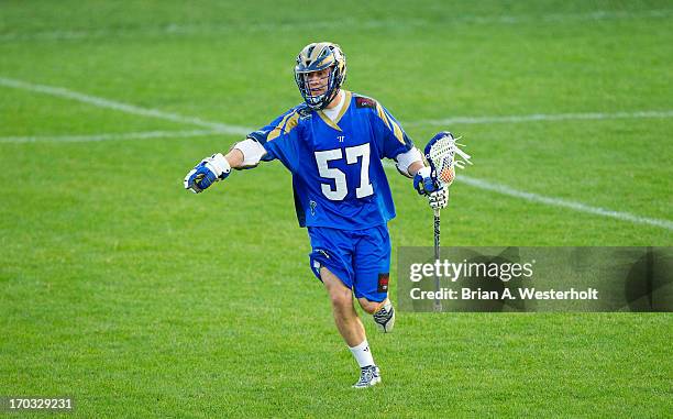 Peet Poillon of the Charlotte Hounds calls out a play during second quarter action against the Ohio Machine at American Legion Memorial Stadium on...