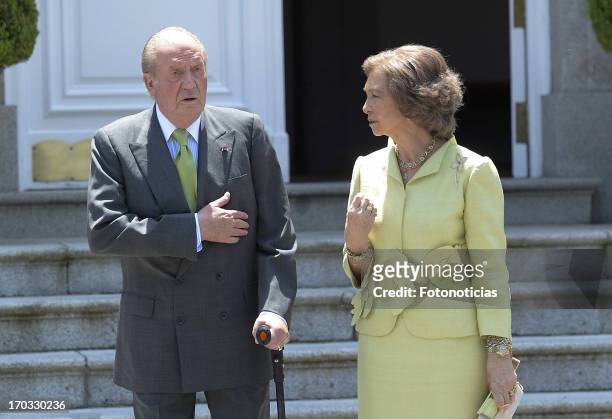 King Juan Carlos of Spain and Queen Sofia of Spain receive Prince Naruhito of Japan at Zarzuela Palace on June 11, 2013 in Madrid, Spain.