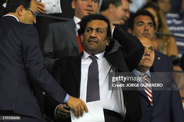 This file picture dated September 19, 2010 shows Malaga CF's chairman Sheikh Abdallah Ben Nasser Al-Thani during a Spanish league football match...