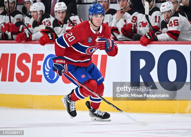 Juraj Slafkovsky of the Montreal Canadiens skates during the first period against the New Jersey Devils at the Bell Centre on September 25, 2023 in...
