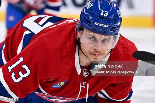 Mitchell Stephens of the Montreal Canadiens prepares to take a faceoff during the second period against the New Jersey Devils at the Bell Centre on...