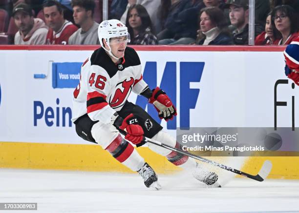 Max Willman of the New Jersey Devils skates during the first period against the Montreal Canadiens at the Bell Centre on September 25, 2023 in...
