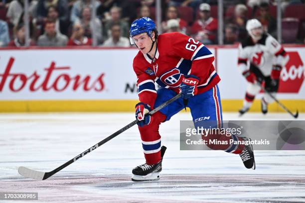 Owen Beck of the Montreal Canadiens skates during the second period against the New Jersey Devils at the Bell Centre on September 25, 2023 in...