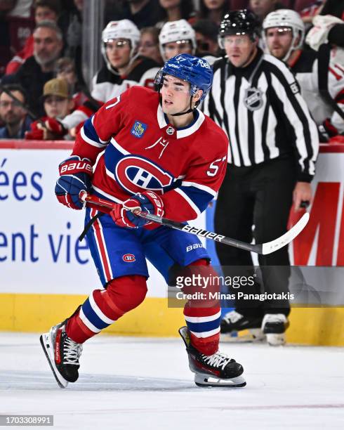Sean Farrell of the Montreal Canadiens skates during the second period against the New Jersey Devils at the Bell Centre on September 25, 2023 in...