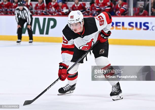 Graeme Clark of the New Jersey Devils skates during the first period against the Montreal Canadiens at the Bell Centre on September 25, 2023 in...