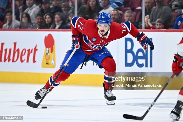 Arber Xhekaj of the Montreal Canadiens skates the puck during the second period against the New Jersey Devils at the Bell Centre on September 25,...