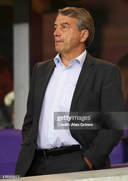 President Wolfgang Niersbach looks on prior to the UEFA European U21 Champiosnship Group B match between Germany and Spain at Netanya Stadium on June...