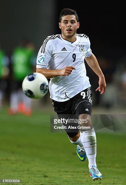 Kevin Volland of Germany controles the ball during the UEFA European U21 Championship Group B match between Germany and Spain at Netanya Stadium on...