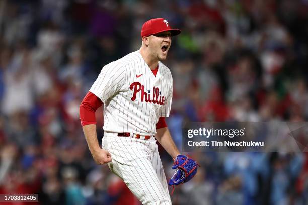 Jeff Hoffman of the Philadelphia Phillies reacts during the tenth inning against the Pittsburgh Pirates at Citizens Bank Park on September 26, 2023...