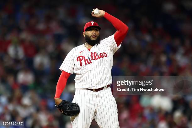 Jose Alvarado of the Philadelphia Phillies pitches during the ninth inning against the Pittsburgh Pirates at Citizens Bank Park on September 26, 2023...