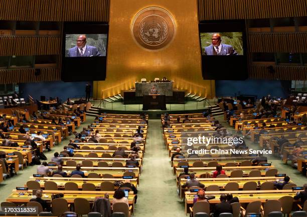 General Assembly President Dennis Francis delivers his closing remarks to the 78th session of the United Nations General Assembly on September 26,...
