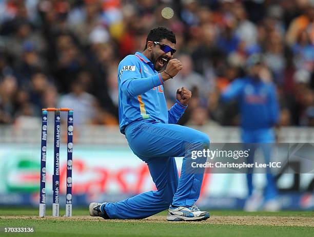 Ravindra Jadeja of India celebrates taking the wicket of Ravi Rampaul of West Indies and his fifth wicket of the innings during the ICC Champions...