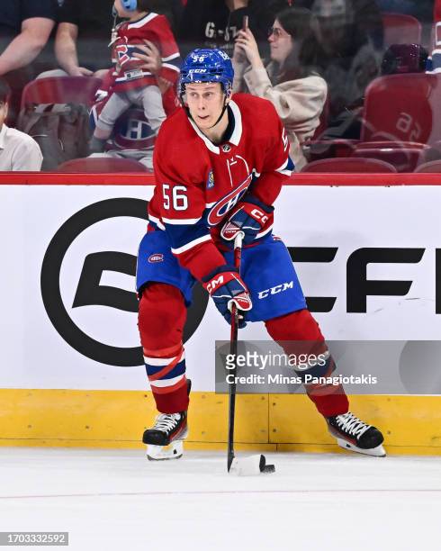 Jesse Ylönen of the Montreal Canadiens skates the puck during the third period against the New Jersey Devils at the Bell Centre on September 25, 2023...