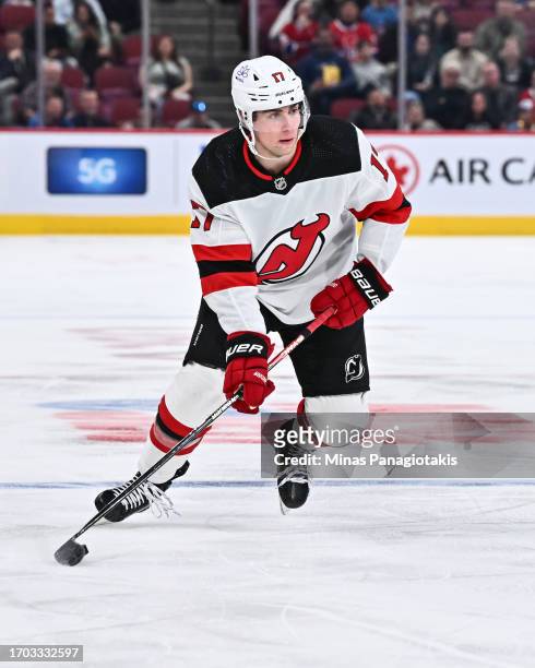 Simon Nemec of the New Jersey Devils skates during the third period against the Montreal Canadiens at the Bell Centre on September 25, 2023 in...