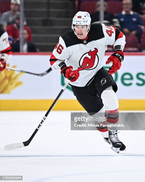 Max Willman of the New Jersey Devils skates during the third period against the Montreal Canadiens at the Bell Centre on September 25, 2023 in...