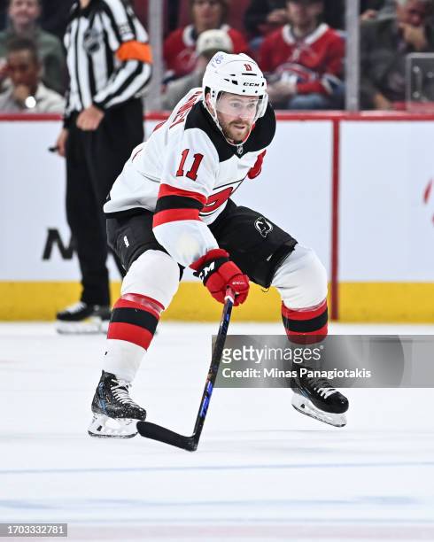 Chris Tierney of the New Jersey Devils skates during the third period against the Montreal Canadiens at the Bell Centre on September 25, 2023 in...