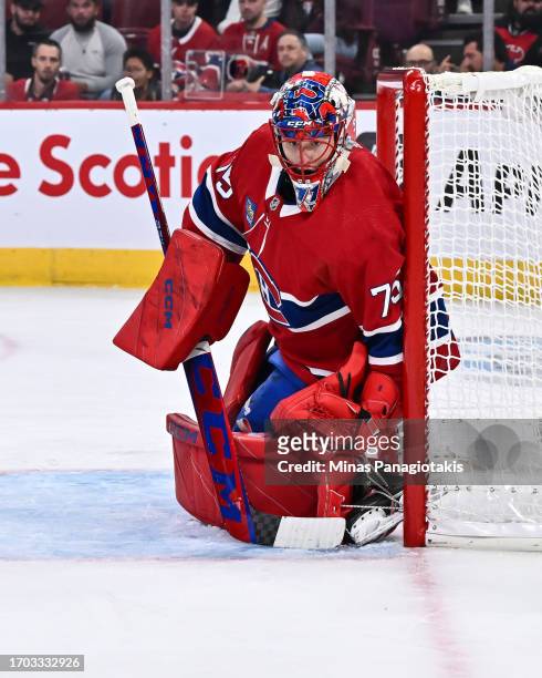 Jakub Dobe of the Montreal Canadiens tends net during the third period against the New Jersey Devils at the Bell Centre on September 25, 2023 in...