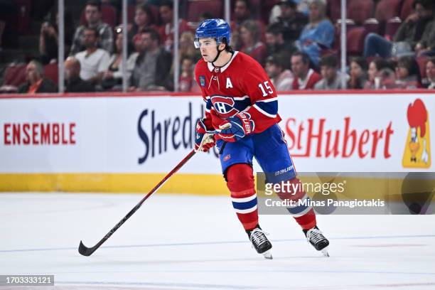 Alex Newhook of the Montreal Canadiens skates during the third period against the New Jersey Devils at the Bell Centre on September 25, 2023 in...
