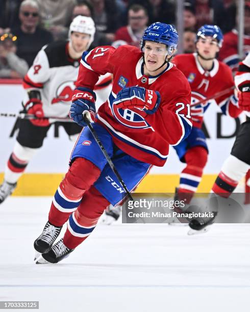 Kaiden Guhle of the Montreal Canadiens skates during the third period against the New Jersey Devils at the Bell Centre on September 25, 2023 in...