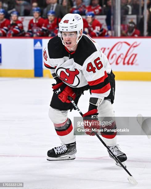 Max Willman of the New Jersey Devils skates during the third period against the Montreal Canadiens at the Bell Centre on September 25, 2023 in...