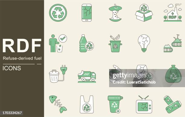 refuse-derived fuel icon set. rdf, waste management, recycle, reuse or recycling of garbage, waste sorting, waste separation, organic garbage, e-waste, hazardous waste, plastic scrap, garbage elements - waste management infographic stock illustrations