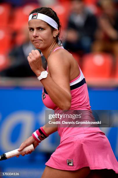 Julia Goerges of Germany celebrates after her first round match against Alexandra Cadantu of Romania during day four of the Nuernberger Insurance Cup...