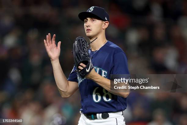 George Kirby of the Seattle Mariners reacts during the fifth inning against the Houston Astros at T-Mobile Park on September 26, 2023 in Seattle,...