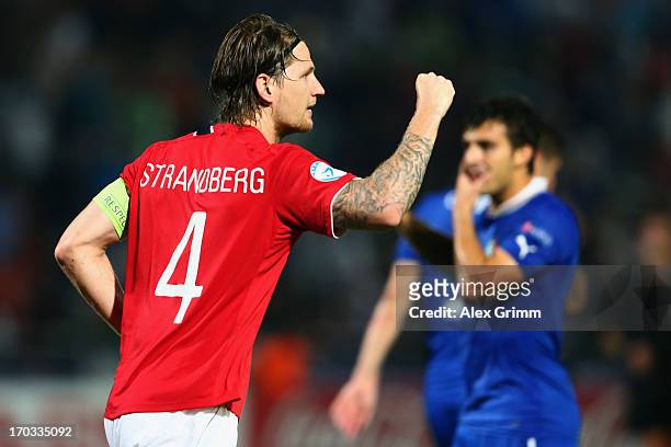 Stefan Strandberg of Norway celebrates his team's first goal during the UEFA European U21 Championship Group A match between Norway and Italy at...