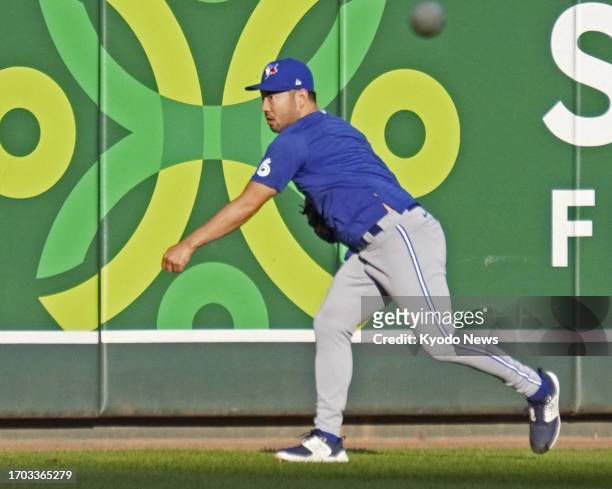 Toronto Blue Jays pitcher Yusei Kikuchi plays catch at Target Field in Minneapolis, Minnesota, on Oct. 2 ahead of an American League Wild Card Series...