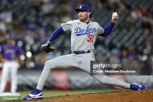 Alex Vesia of the Los Angeles Dodgers throws against the Colorado Rockies in the ninth inning during Game Two of a Doubleheader at Coors Field on...