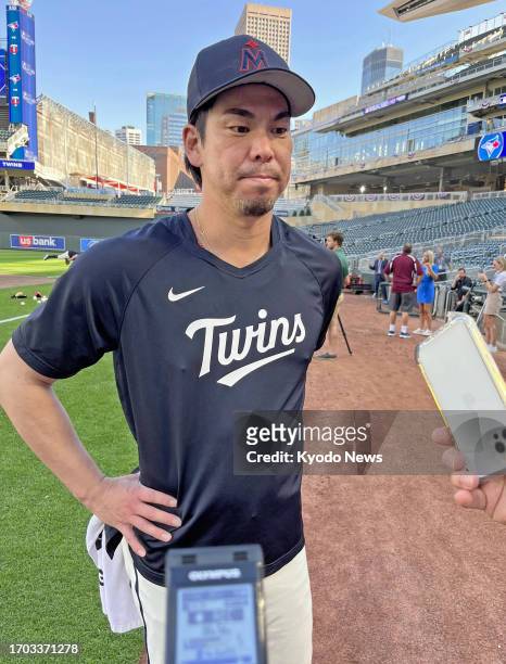 Minnesota Twins pitcher Kenta Maeda speaks to reporters at Target Field in Minneapolis, Minnesota, on Oct. 2 ahead of an American League Wild Card...