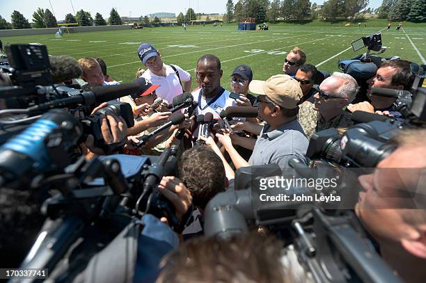 Willis McGahee running back of the Denver Broncos talks with the media after the first day of mini camp June 11, 2013 at Dove Valley.