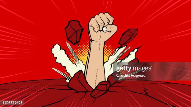 vector pop art fist punched through out of the ground stock illustration - anti american propaganda stock illustrations