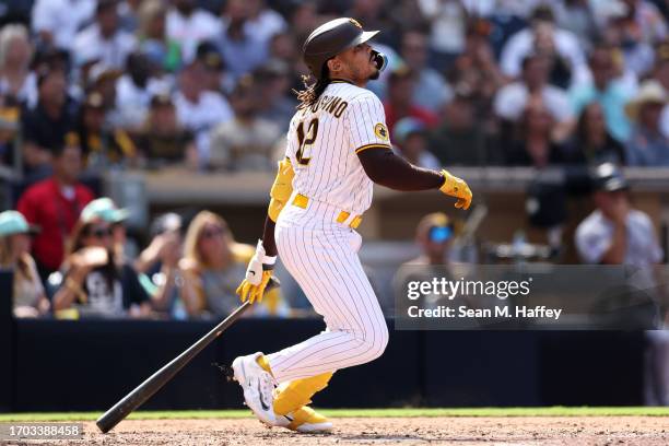 Luis Campusano of the San Diego Padres at bat during a game against the Colorado Rockies at PETCO Park on September 20, 2023 in San Diego, California.