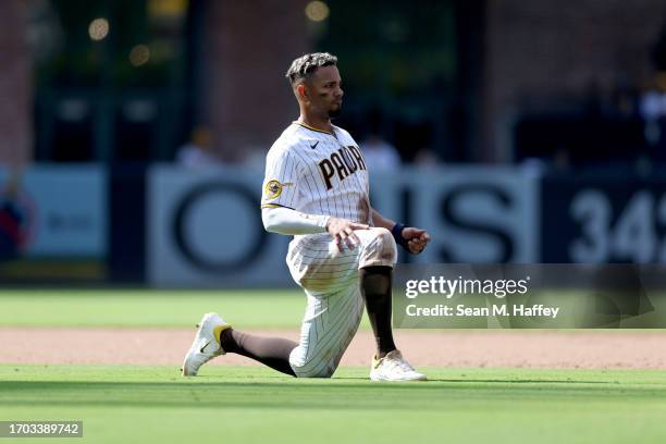 Xander Bogaerts of the San Diego Padres looks on during a game against the Colorado Rockies at PETCO Park on September 20, 2023 in San Diego,...