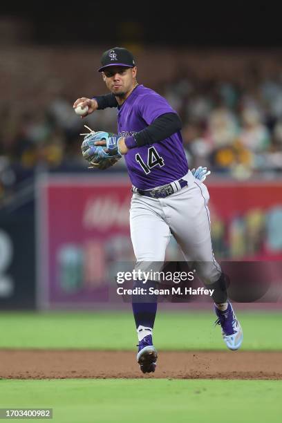 Ezequiel Tovar of the Colorado Rockies throws to first base during a game against the San Diego Padres at PETCO Park on September 18, 2023 in San...