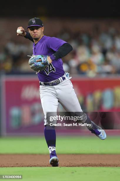 Ezequiel Tovar of the Colorado Rockies throws to first base during a game against the San Diego Padres at PETCO Park on September 18, 2023 in San...