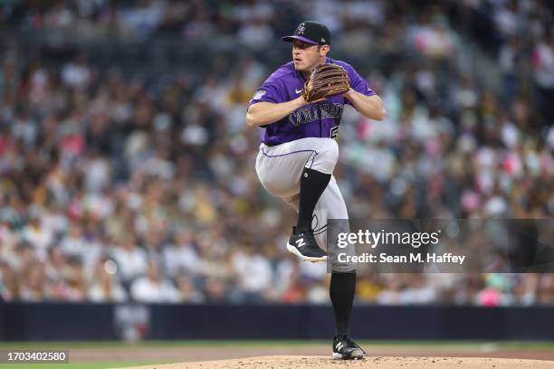 Ty Blach of the Colorado Rockies pitches during the first inning of a game against the San Diego Padres at PETCO Park on September 18, 2023 in San...