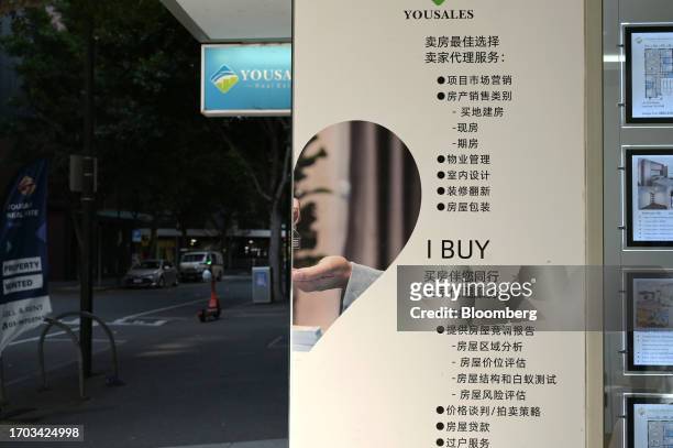 Properties for sale displayed in the window of a real estate agent in the Docklands precinct of Melbourne, Australia, on Monday, Oct. 2, 2023....