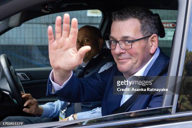 Departing Victorian Premier Daniel Andrews leaves Victorian Parliament house followin the Labor caucus meeting on September 27, 2023 in at Victorian...