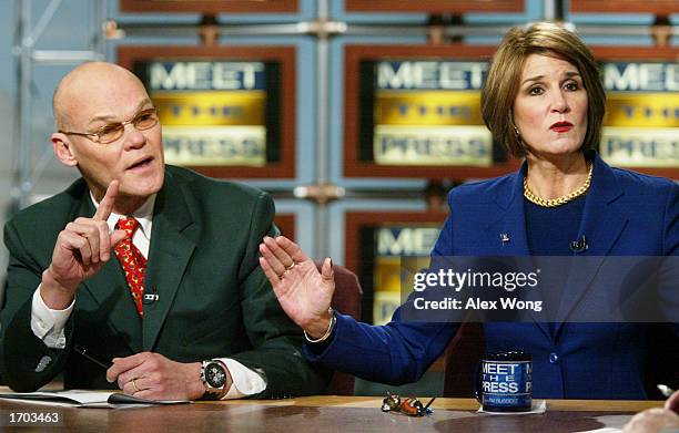 Democratic strategist James Carville argues with his wife Mary Matalin, a Republican strategist, during a taping of a roundtable discussion on NBC's...