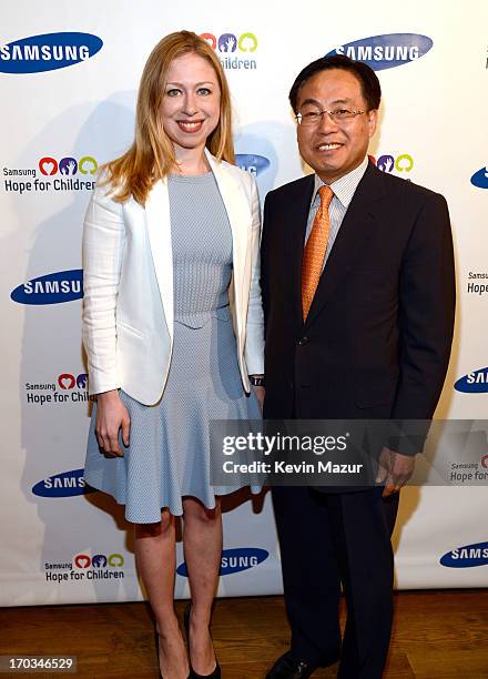 Chelsea Clinton and CEO of Samsung Electronics America YK Kim attend the Samsung's Annual Hope for Children Gala at CiprianiÕs in Wall Street on June...