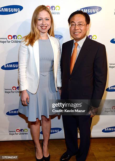 Chelsea Clinton and CEO of Samsung Electronics America YK Kim attend the Samsung's Annual Hope for Children Gala at CiprianiÕs in Wall Street on June...