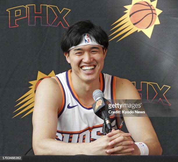 Phoenix Suns player Yuta Watanabe speaks during the NBA team's media day in Phoenix, Arizona, on Oct. 2, 2023.
